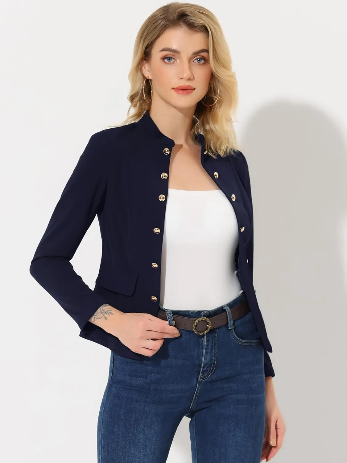 Allegra K Open Front Blazers for Women's Casual Long Sleeves Buttons Office Suit Jacket