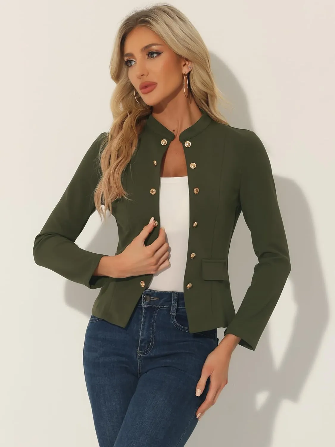 Allegra K Open Front Blazers for Women's Casual Long Sleeves Buttons Office Suit Jacket