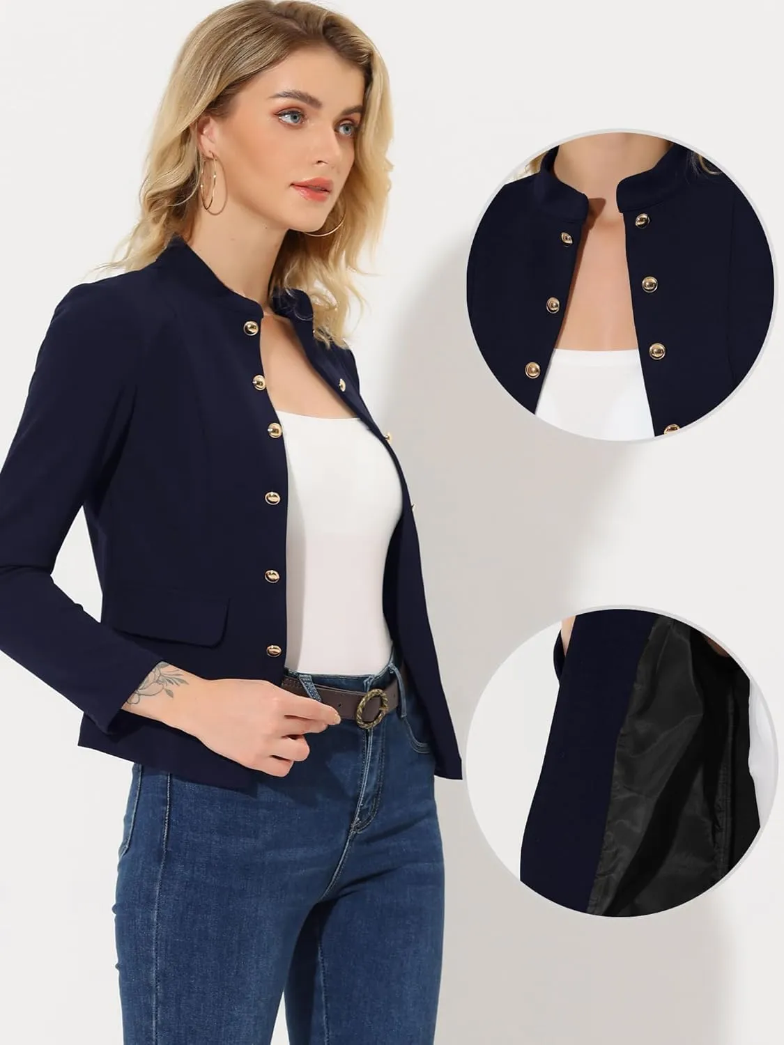 Allegra K Open Front Blazers for Women's Casual Long Sleeves Buttons Office Suit Jacket