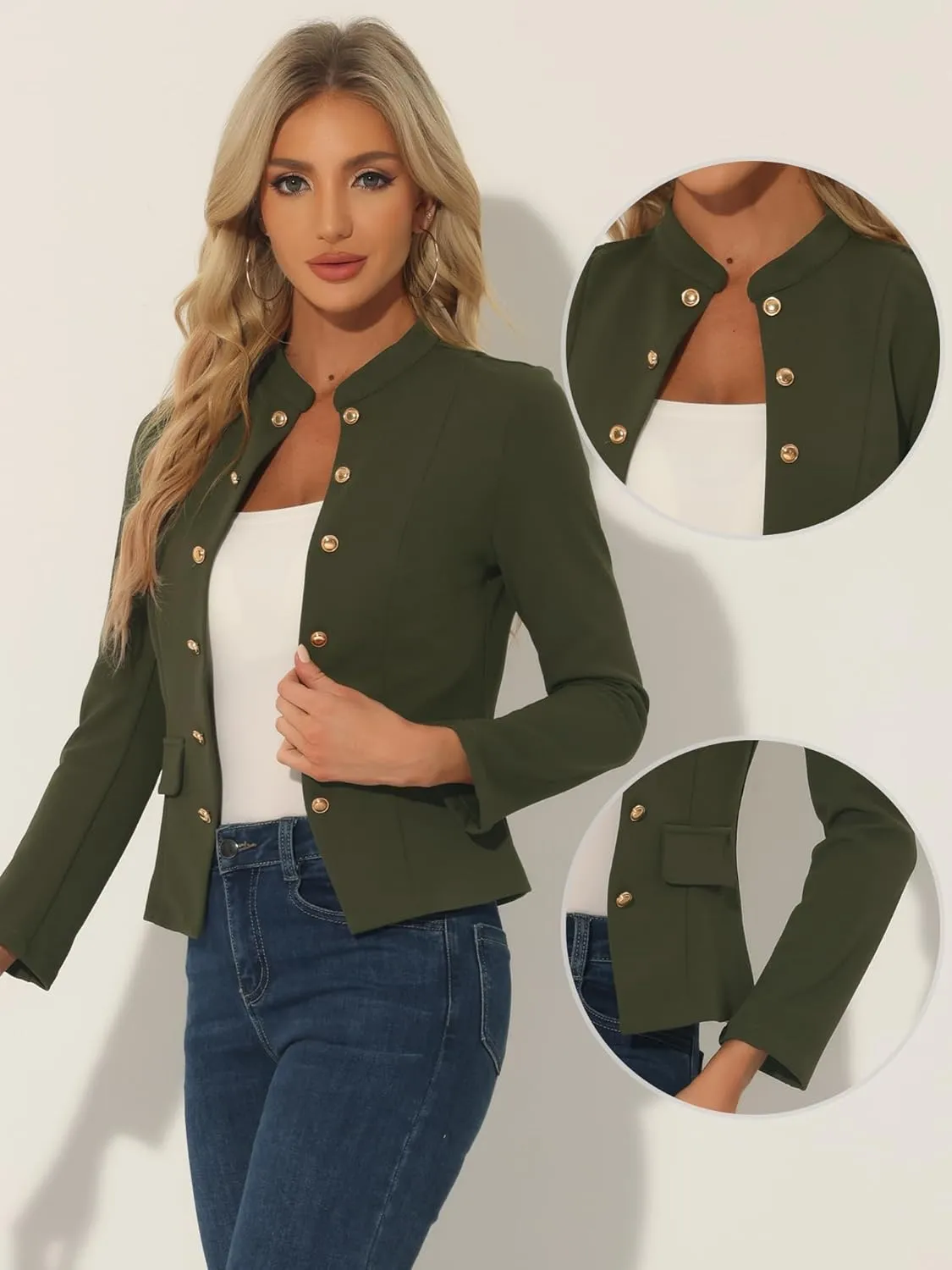 Allegra K Open Front Blazers for Women's Casual Long Sleeves Buttons Office Suit Jacket