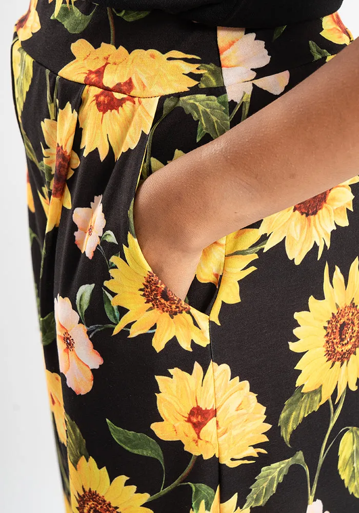 Amari Large Sunflower Print Pull On Wide Leg Culotte Trouser