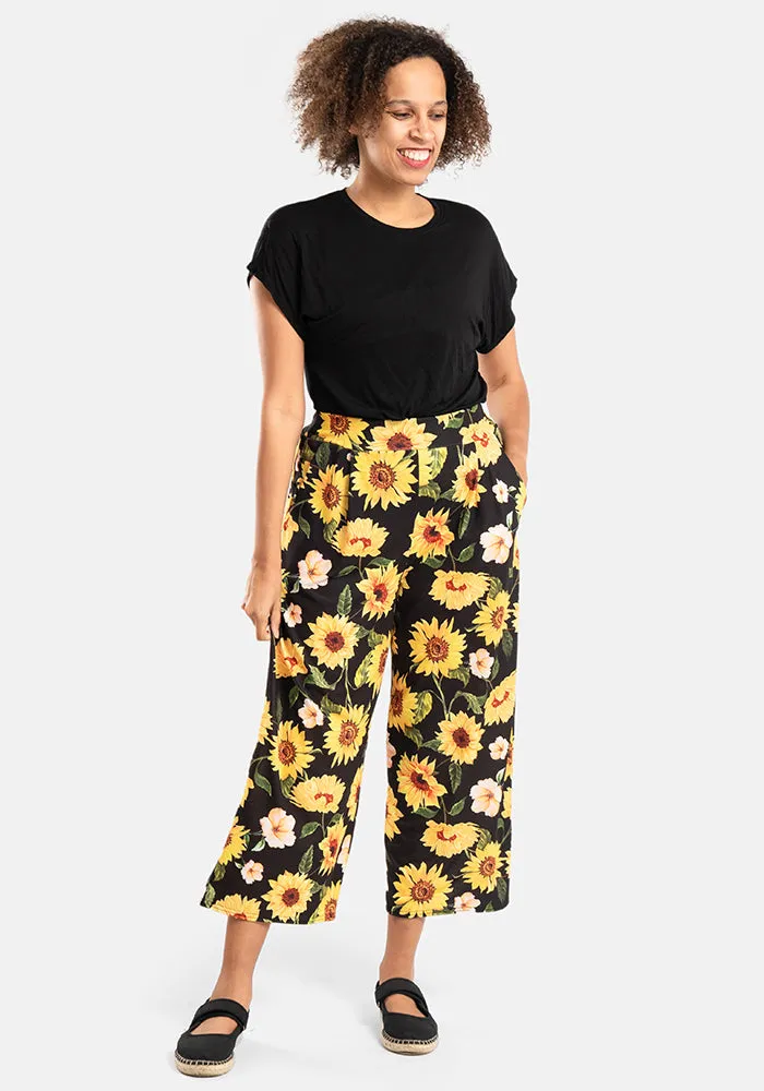 Amari Large Sunflower Print Pull On Wide Leg Culotte Trouser