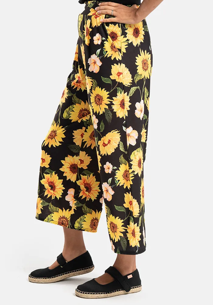 Amari Large Sunflower Print Pull On Wide Leg Culotte Trouser