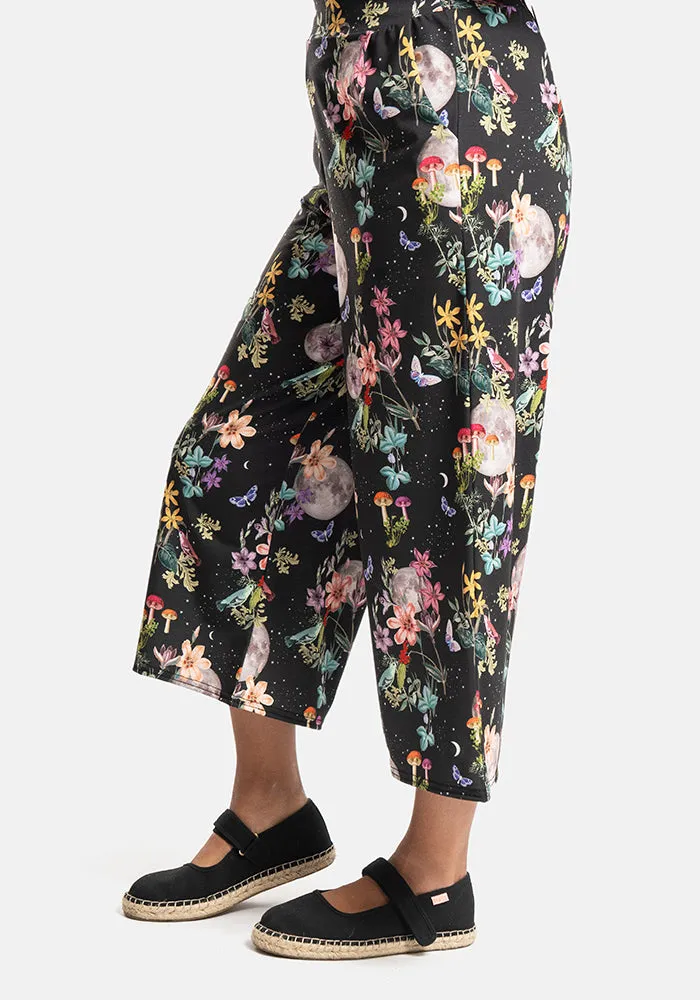 Amari  Midnight Botanical Print Pull On Wide Leg Culotte Trouser
