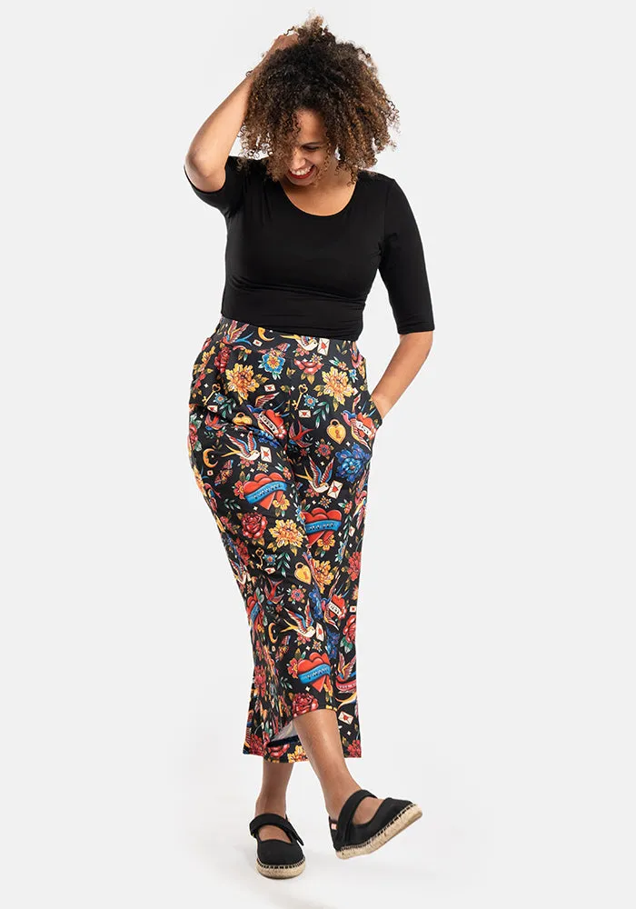 Amari Tattoo Print Pull On Wide Leg Culotte Trouser