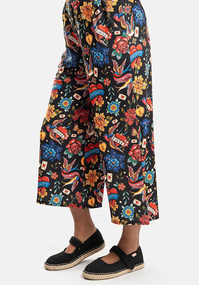 Amari Tattoo Print Pull On Wide Leg Culotte Trouser