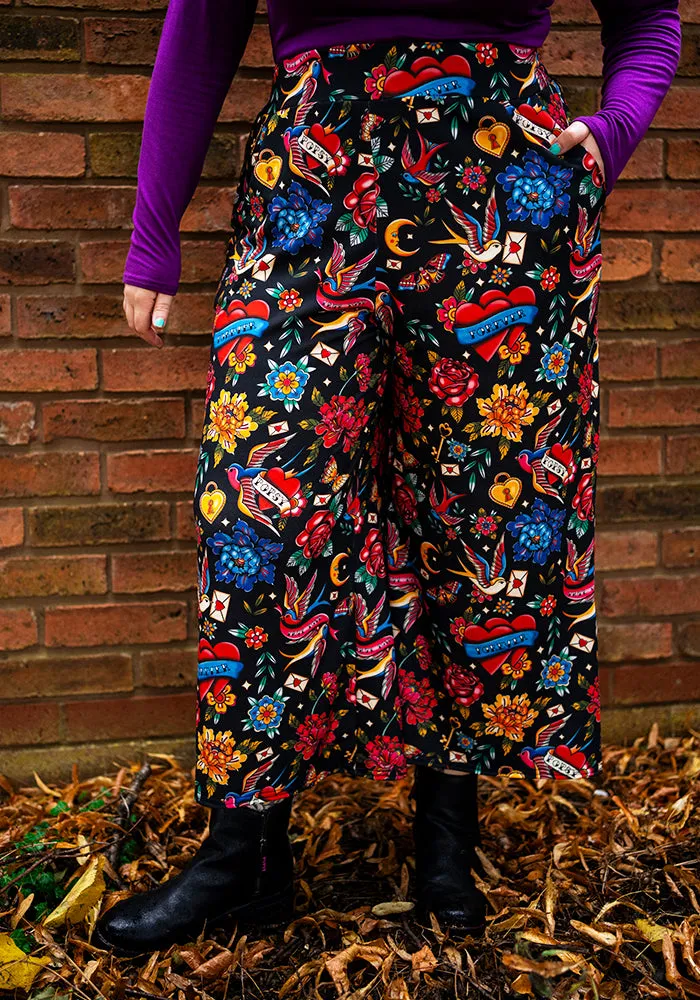 Amari Tattoo Print Pull On Wide Leg Culotte Trouser