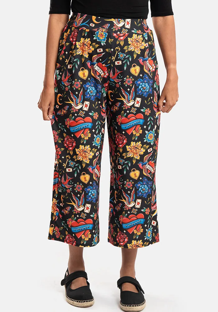 Amari Tattoo Print Pull On Wide Leg Culotte Trouser