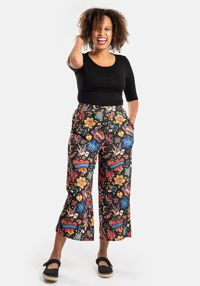 Amari Tattoo Print Pull On Wide Leg Culotte Trouser