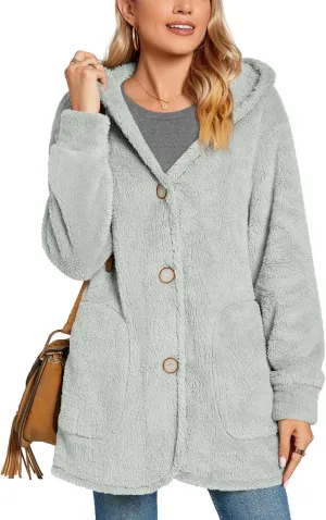 Bestbee Warm Fleece Jackets for Women, Plus Size Fuzzy Hooded Casual Coats Lidies 2024 Cardigan Sweaters Outerwear with Pockets, XL, Silver Grey