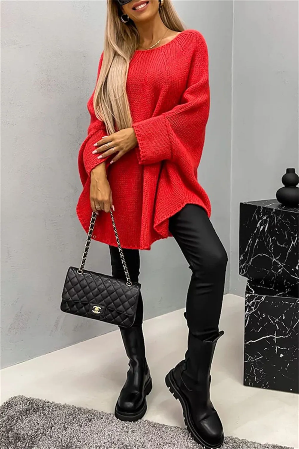 Casual Knit Crew Neck Poncho Loose Sweater