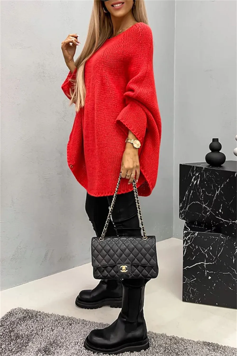 Casual Knit Crew Neck Poncho Loose Sweater