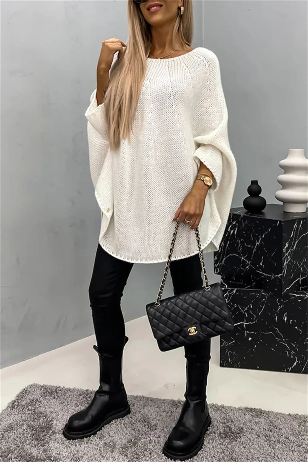 Casual Knit Crew Neck Poncho Loose Sweater
