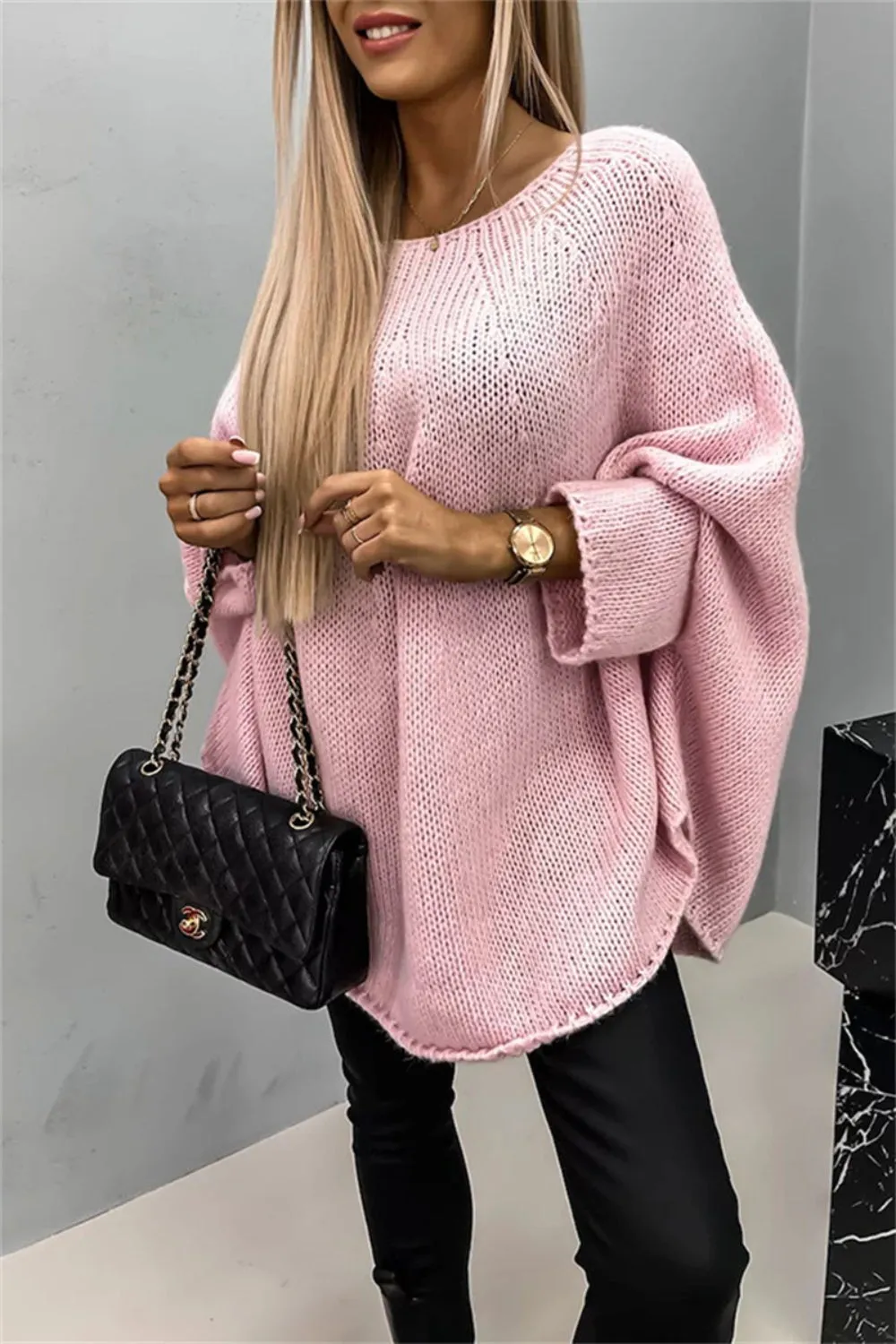 Casual Knit Crew Neck Poncho Loose Sweater