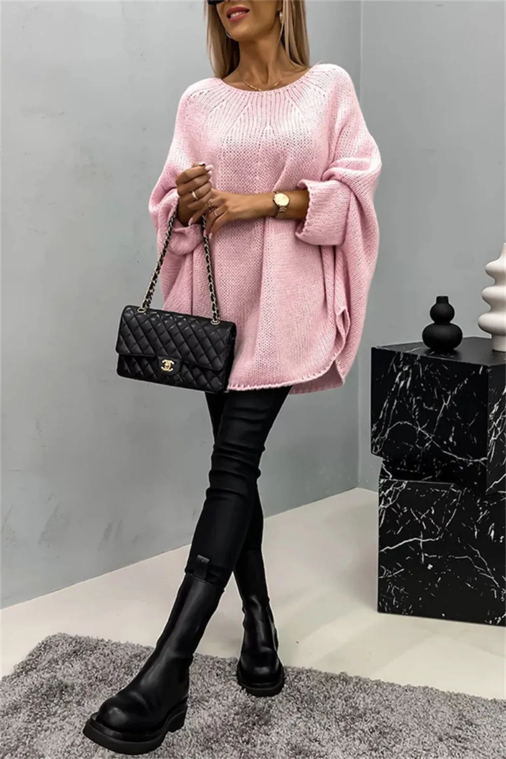 Casual Knit Crew Neck Poncho Loose Sweater