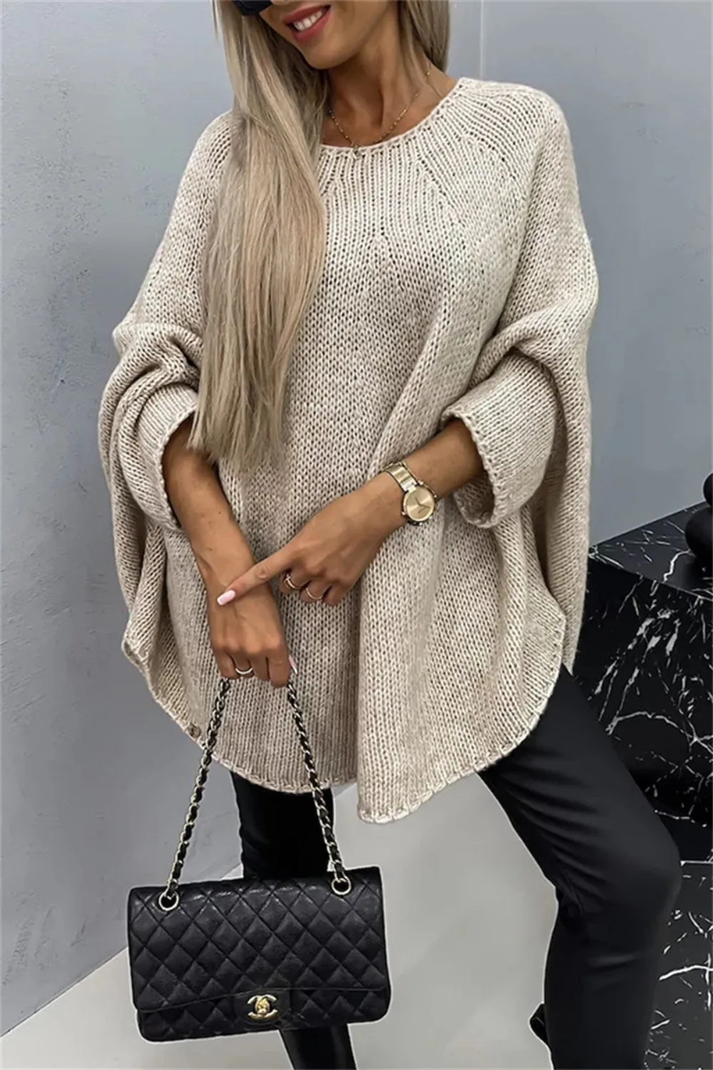 Casual Knit Crew Neck Poncho Loose Sweater