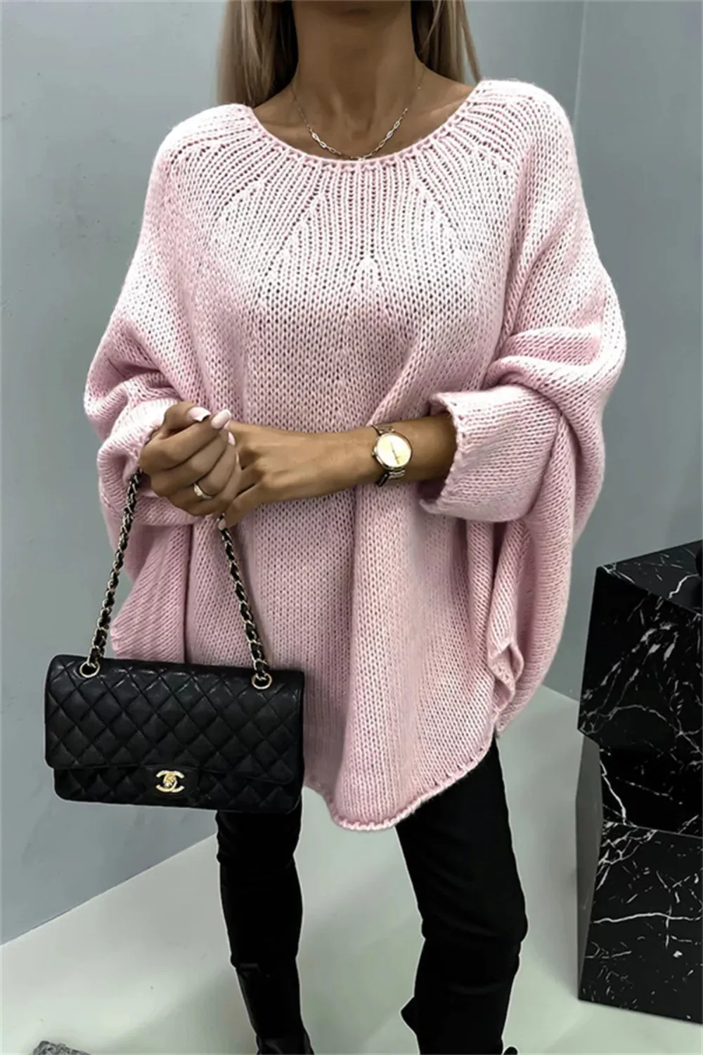 Casual Knit Crew Neck Poncho Loose Sweater