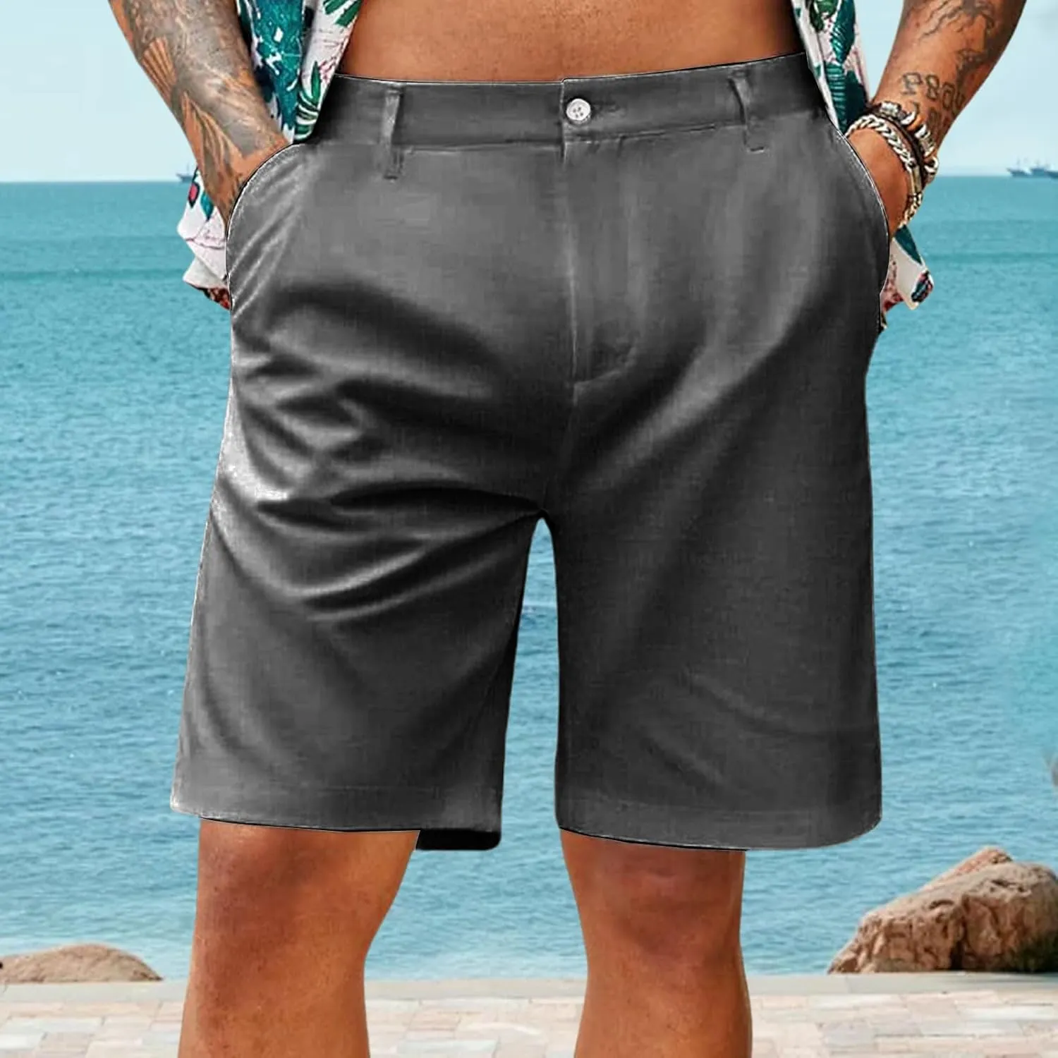Casual Linen Shorts for Men Lightweight Solid Color Pants Classic Fit Breathable Pants Slim Fit Summer Beach Shorts