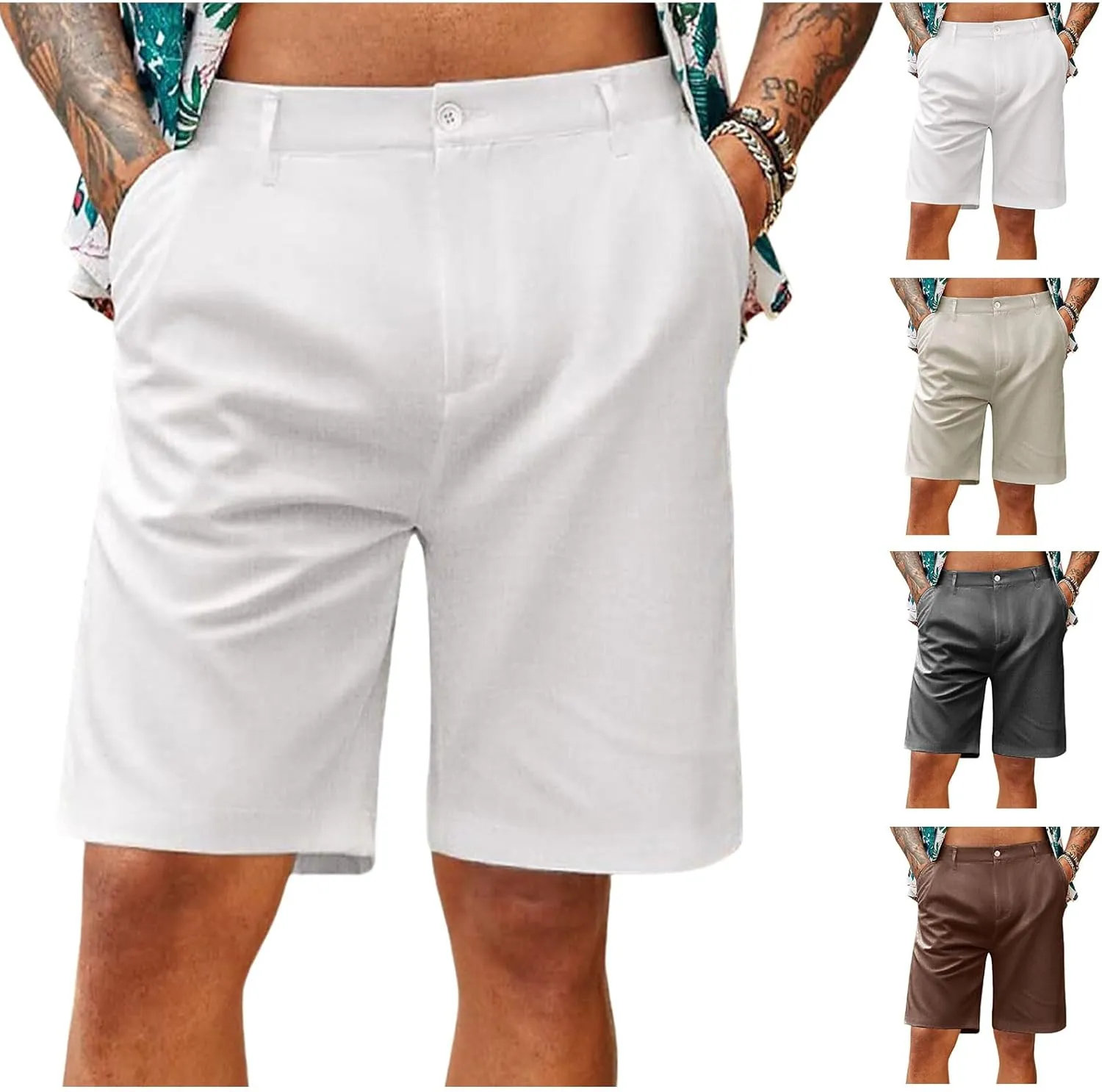 Casual Linen Shorts for Men Lightweight Solid Color Pants Classic Fit Breathable Pants Slim Fit Summer Beach Shorts