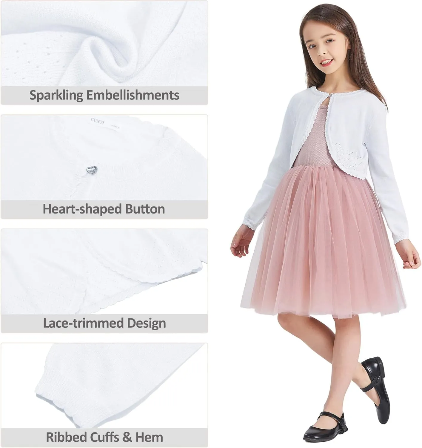 CUNYI Girls Sparkle Bolero Cardigans Long Sleeve Cropped Cardigan Shrug for Dresses Lightweight Knit Sweater Elegant