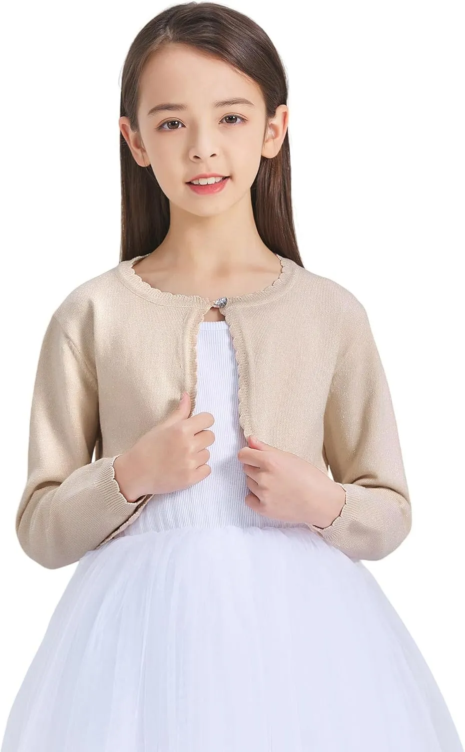 CUNYI Girls Sparkle Bolero Cardigans Long Sleeve Cropped Cardigan Shrug for Dresses Lightweight Knit Sweater Elegant