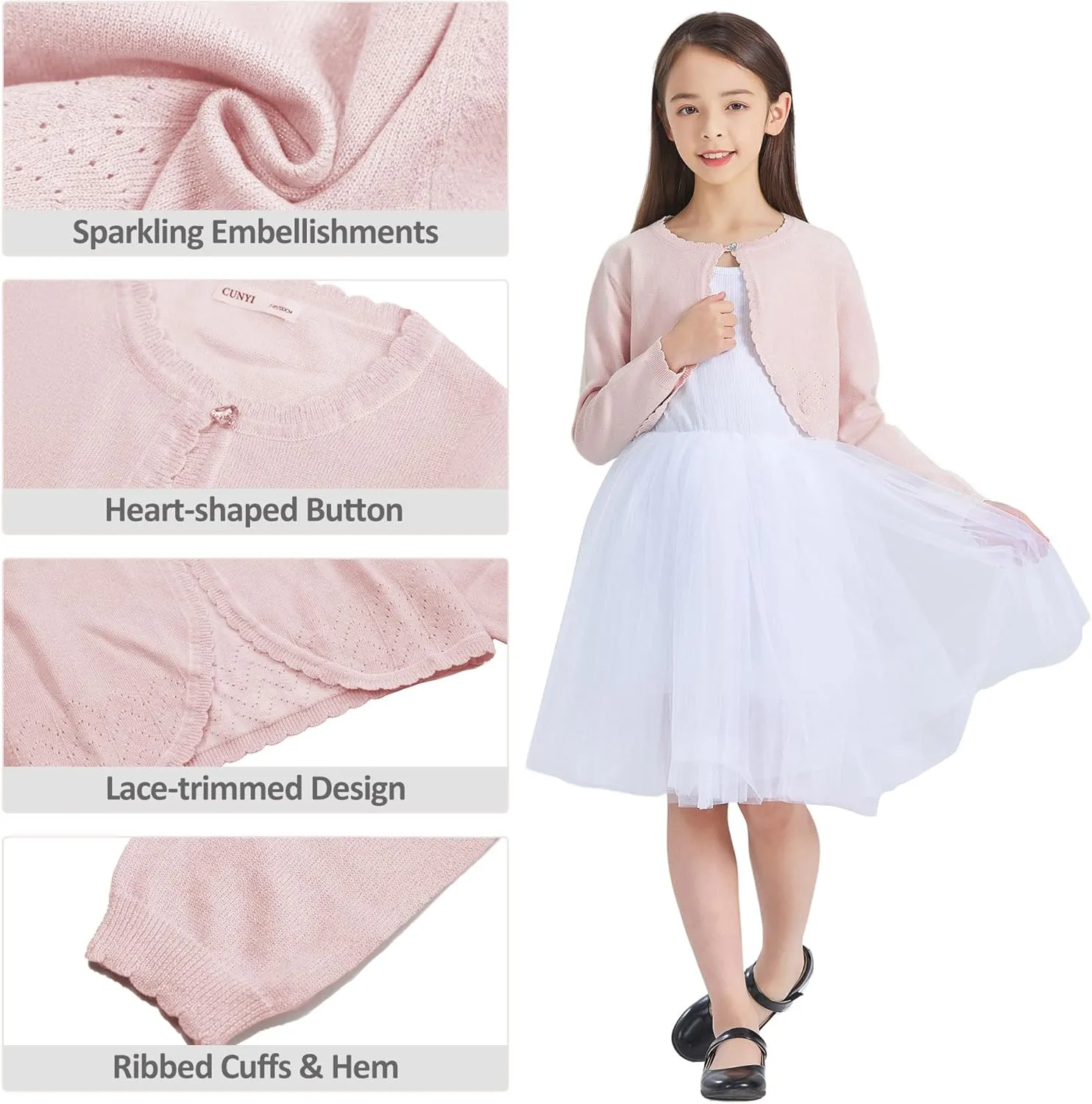 CUNYI Girls Sparkle Bolero Cardigans Long Sleeve Cropped Cardigan Shrug for Dresses Lightweight Knit Sweater Elegant