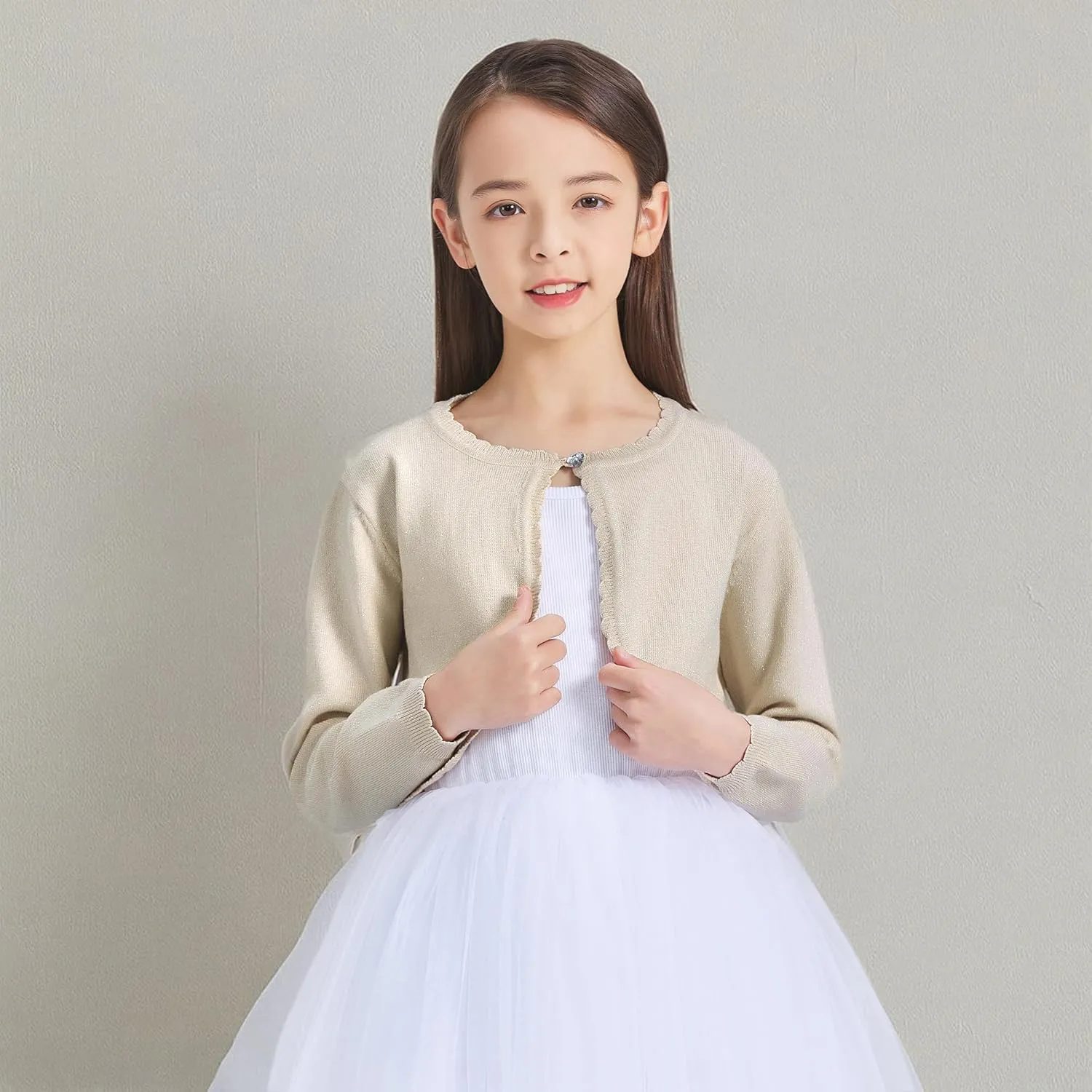CUNYI Girls Sparkle Bolero Cardigans Long Sleeve Cropped Cardigan Shrug for Dresses Lightweight Knit Sweater Elegant