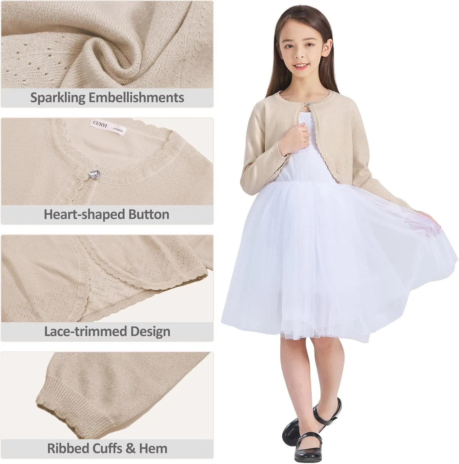 CUNYI Girls Sparkle Bolero Cardigans Long Sleeve Cropped Cardigan Shrug for Dresses Lightweight Knit Sweater Elegant