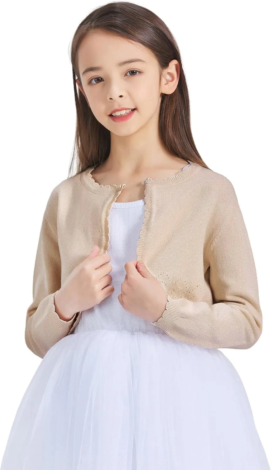 CUNYI Girls Sparkle Bolero Cardigans Long Sleeve Cropped Cardigan Shrug for Dresses Lightweight Knit Sweater Elegant