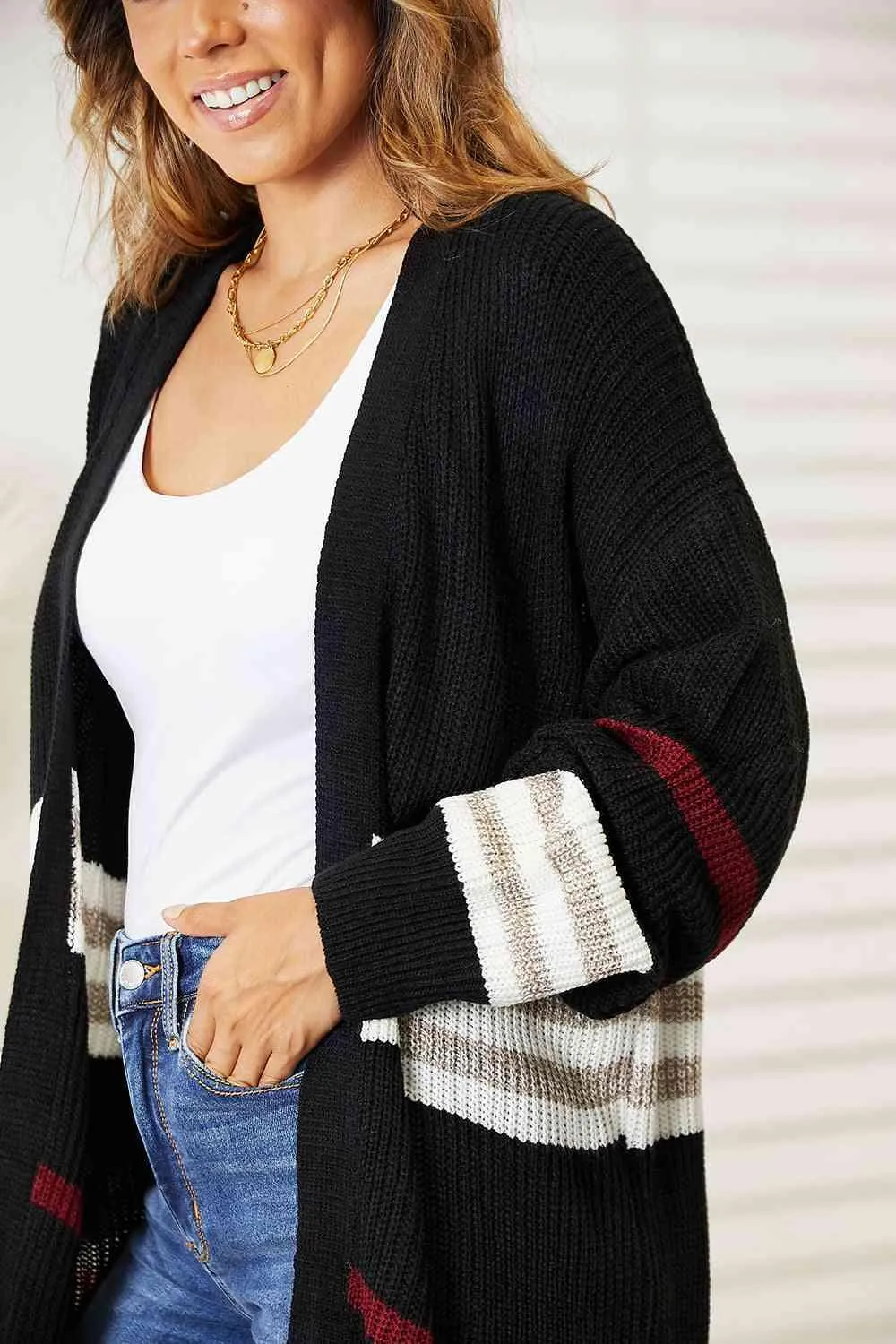 Double Take Striped Drop Shoulder Open Front Cardigan