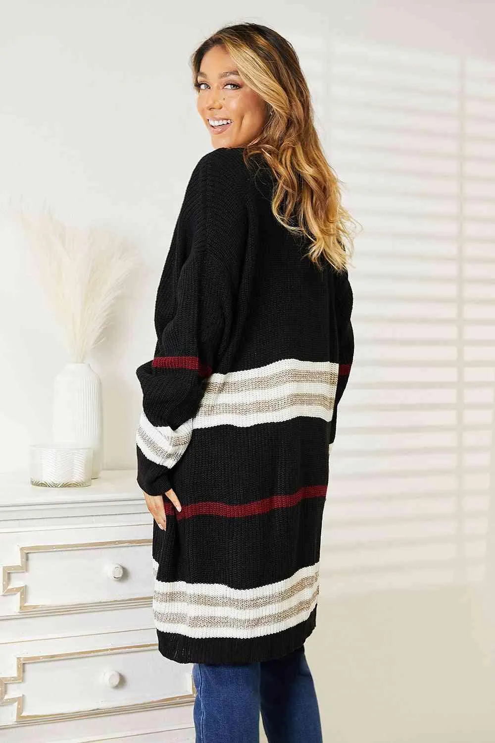 Double Take Striped Drop Shoulder Open Front Cardigan