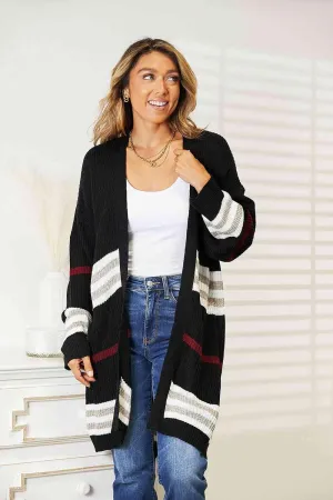 Double Take Striped Drop Shoulder Open Front Cardigan