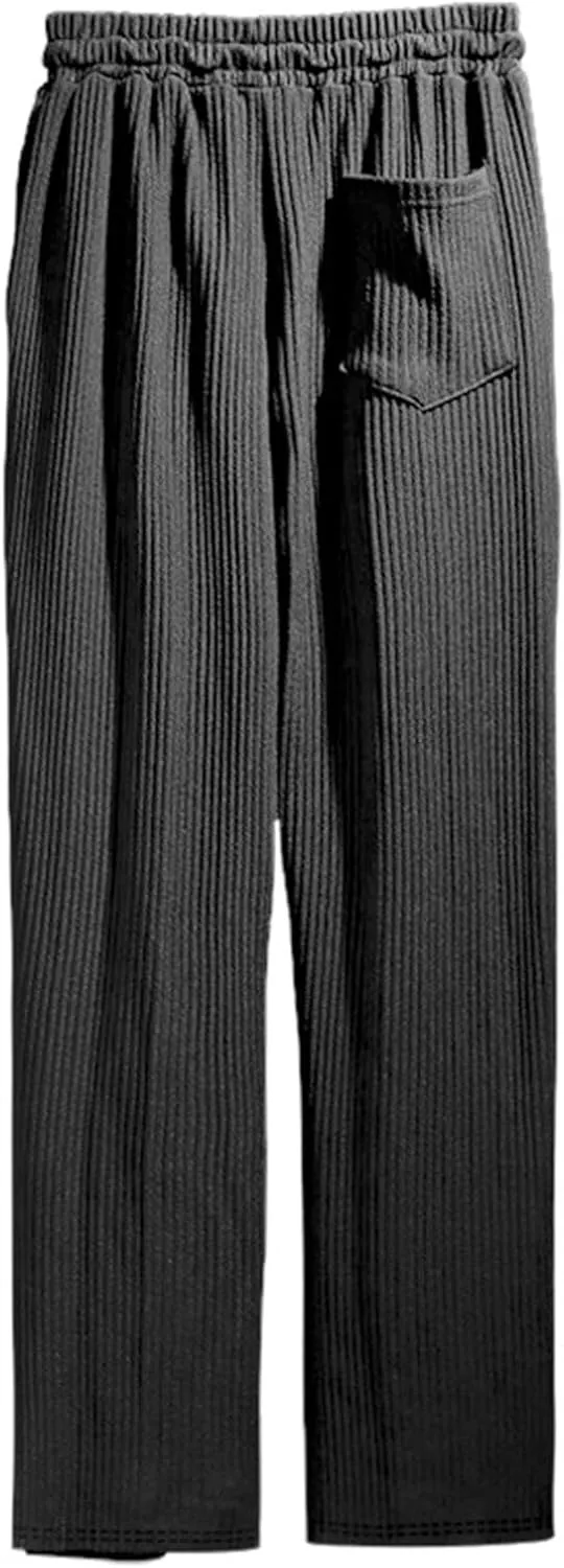 evzosrz Mens Casual Ribbed Knit Pants Straight Lightweight Drawstring Beach Yoga Pants Loose Fit Striped Long Trousers