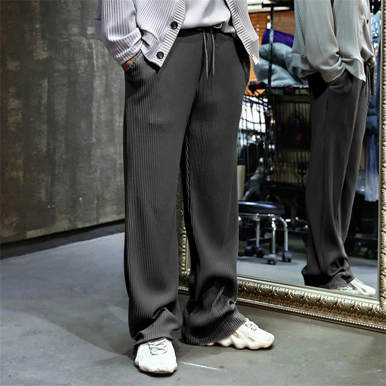 evzosrz Mens Casual Ribbed Knit Pants Straight Lightweight Drawstring Beach Yoga Pants Loose Fit Striped Long Trousers