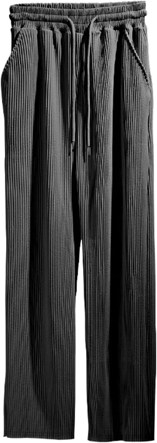 evzosrz Mens Casual Ribbed Knit Pants Straight Lightweight Drawstring Beach Yoga Pants Loose Fit Striped Long Trousers