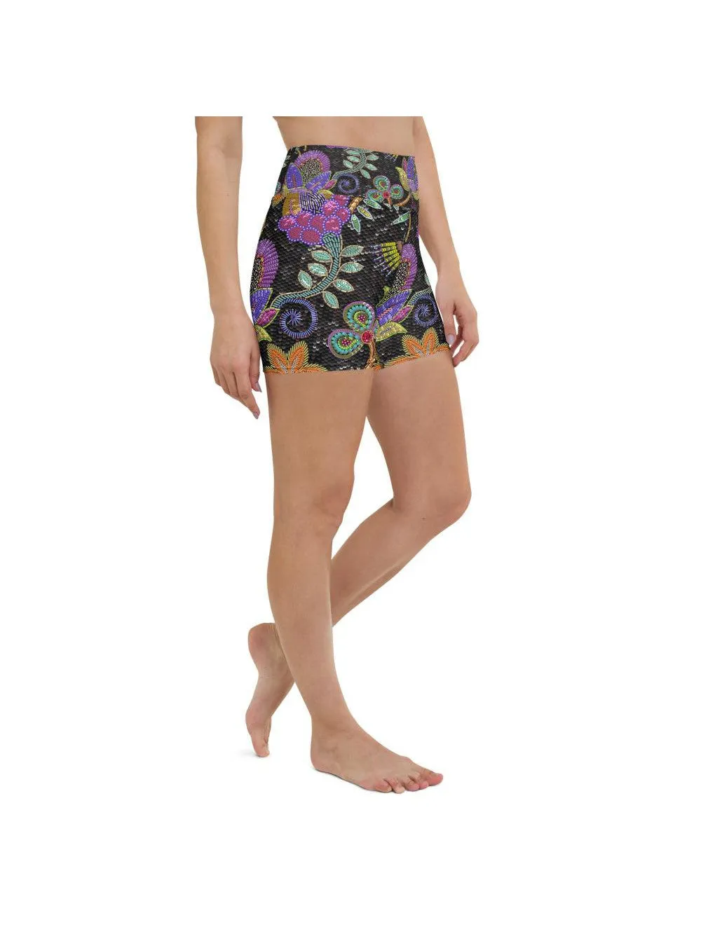 Faux Paillette Flower Yoga Shorts