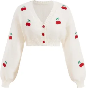 GORGLITTER Women's Cherry Button Up Cropped Cardigans Long Sleeve V Neck Coquette Sweaters