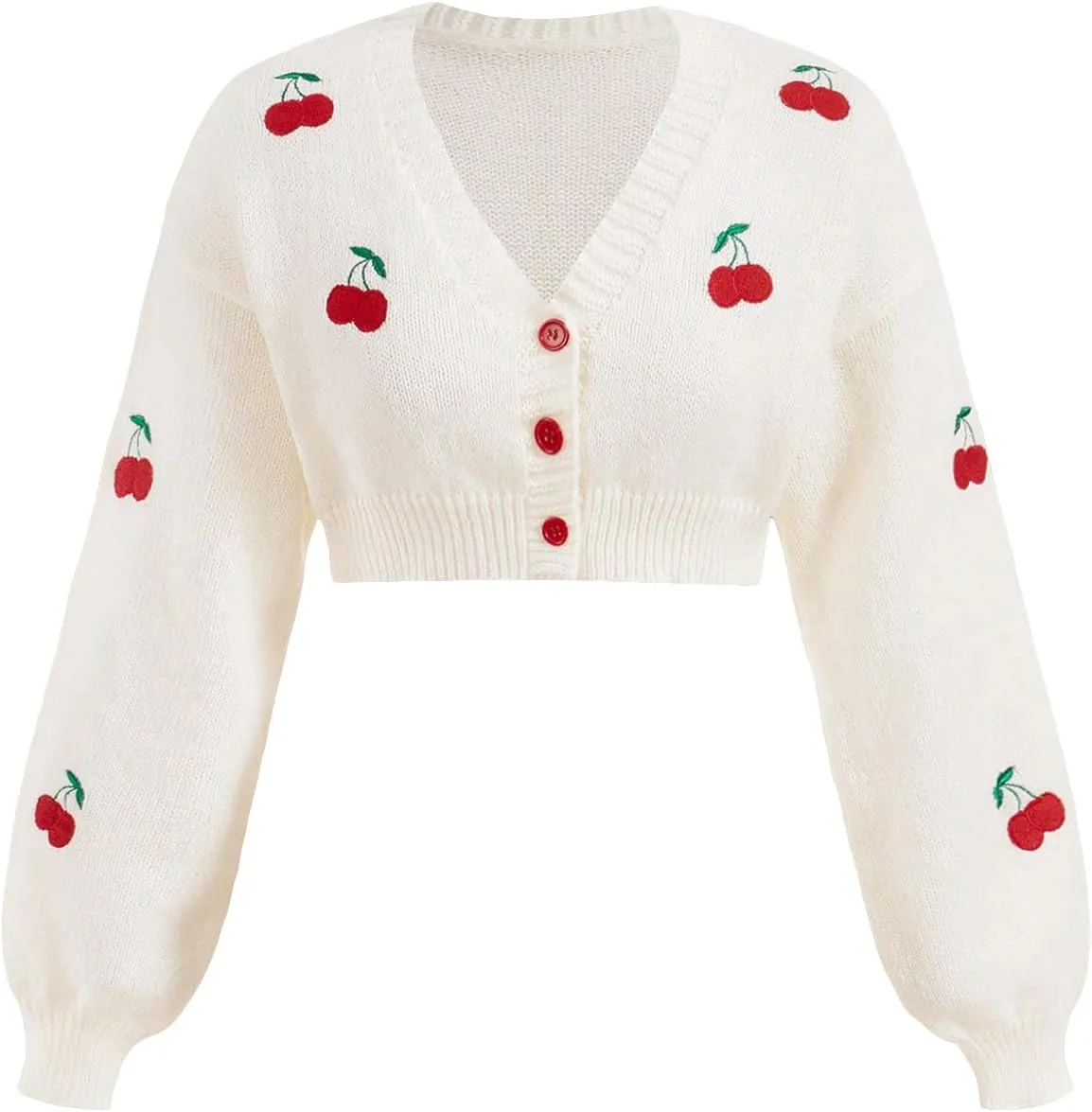 GORGLITTER Women's Cherry Button Up Cropped Cardigans Long Sleeve V Neck Coquette Sweaters