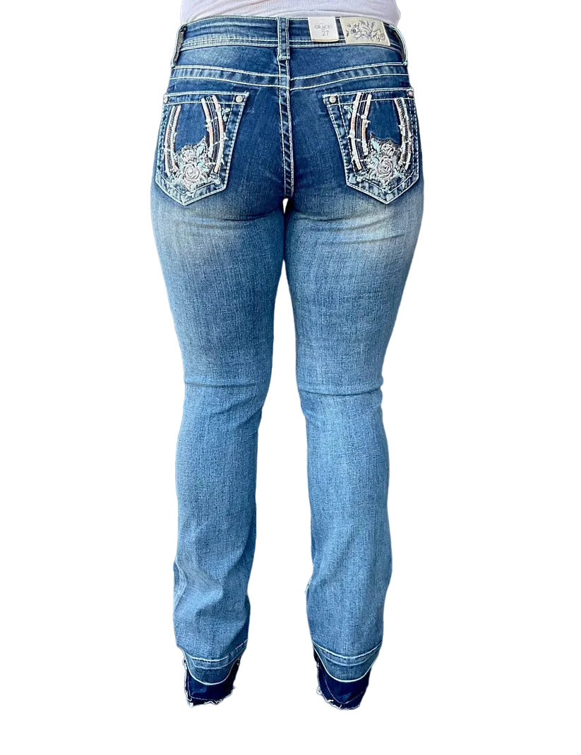 Grace Women's in LA Easy Fit Embellished Horse Shoe Bootcut Jeans