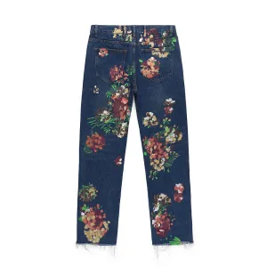 High Street Ink Splash Flower Pattern Veinge Denim Jeans Casual Raw Cut Long Pants Niche Design Trousers 9A1183