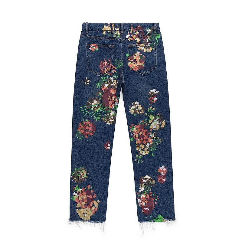High Street Ink Splash Flower Pattern Veinge Denim Jeans Casual Raw Cut Long Pants Niche Design Trousers 9A1183