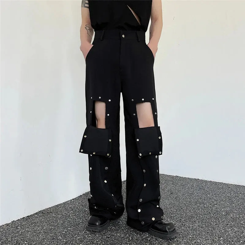 High Street Men's Casual Pant Summer Metal Buuton Patchwork Niche Design Trendy Straight Leg Trousers Fashion Spliced 9C226