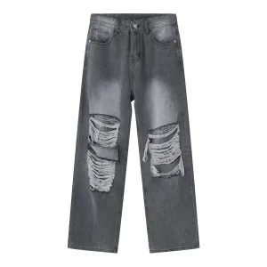 High Street Style Men's Ripped Jeans Trend Loose Hole Straight Wide Leg Pants Male Solid Color Denim Trousers 9A7544