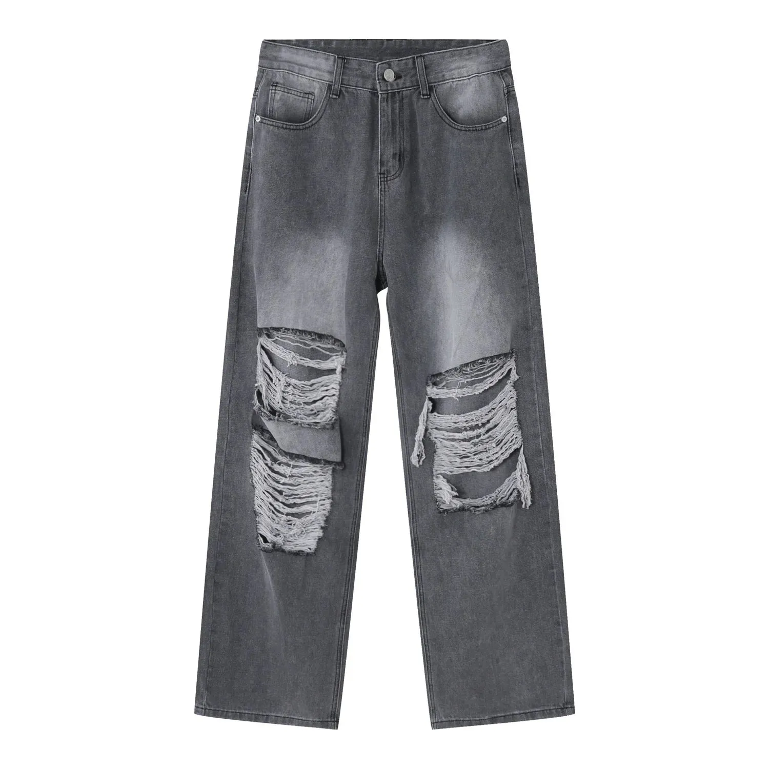 High Street Style Men's Ripped Jeans Trend Loose Hole Straight Wide Leg Pants Male Solid Color Denim Trousers 9A7544