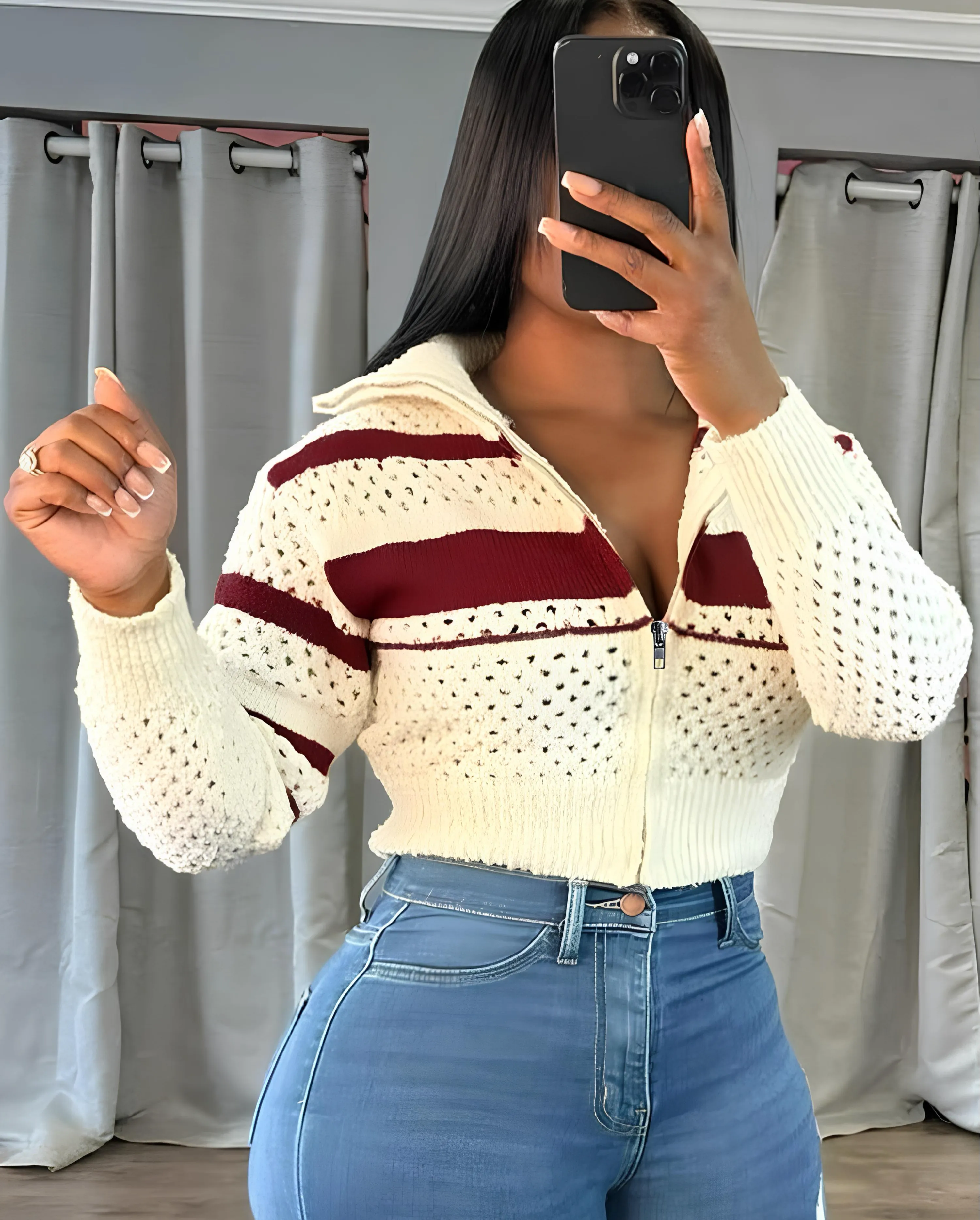 Hollow Stripe Crochet Crop Sweater  Y2K Full Sleeve Zip Knit Jacket