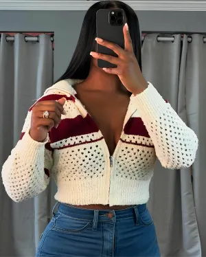 Hollow Stripe Crochet Crop Sweater  Y2K Full Sleeve Zip Knit Jacket