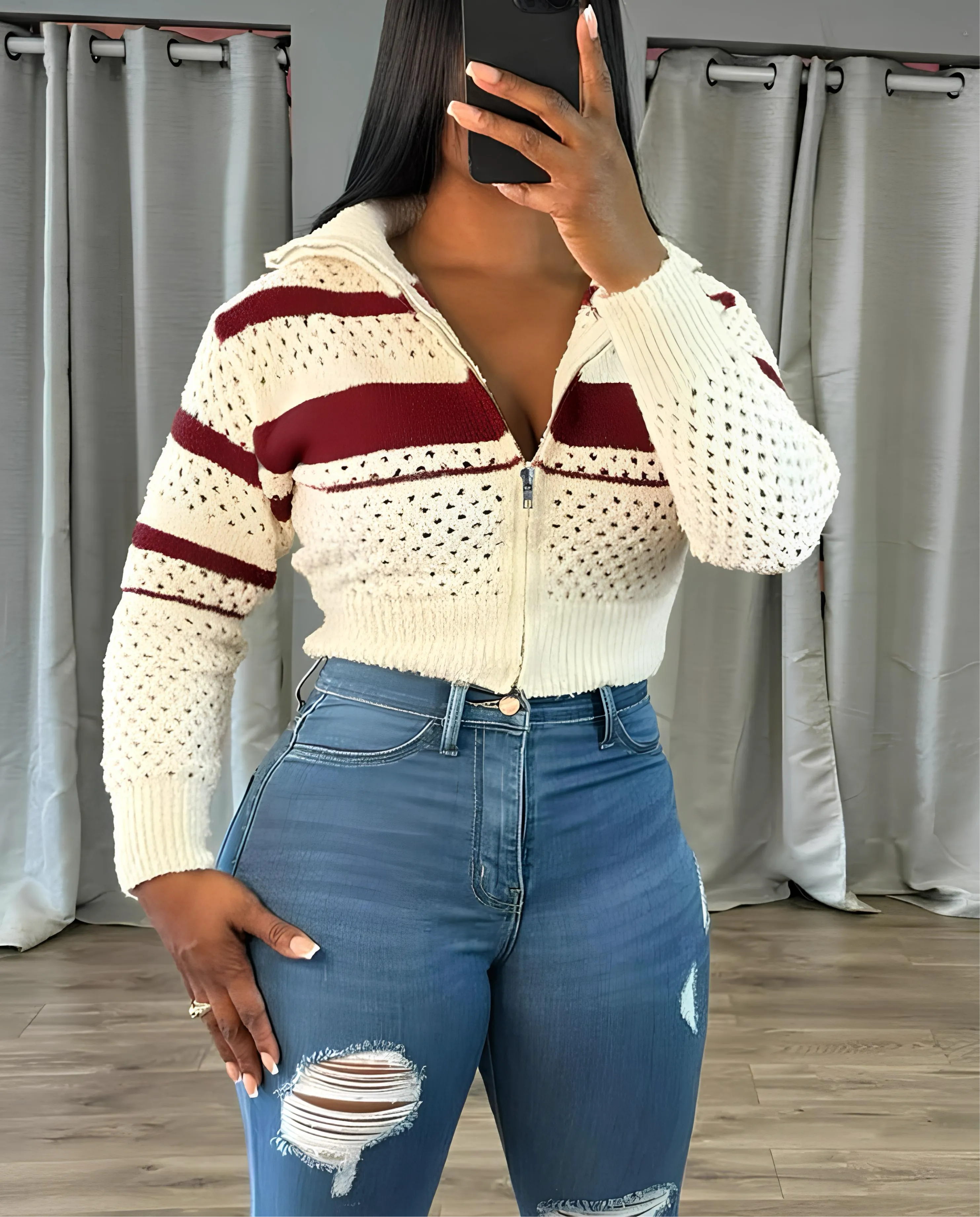 Hollow Stripe Crochet Crop Sweater  Y2K Full Sleeve Zip Knit Jacket