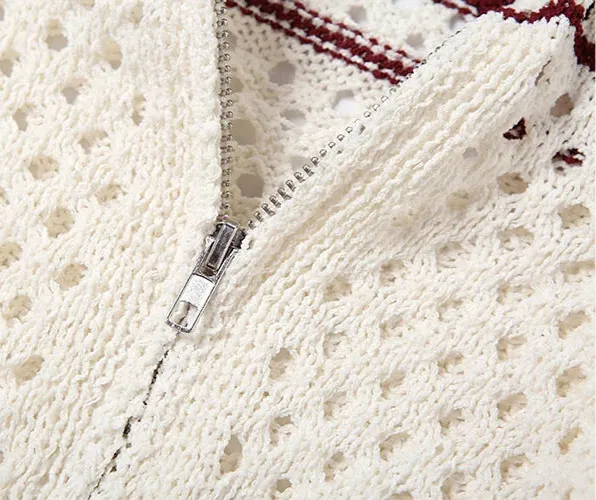 Hollow Stripe Crochet Crop Sweater  Y2K Full Sleeve Zip Knit Jacket