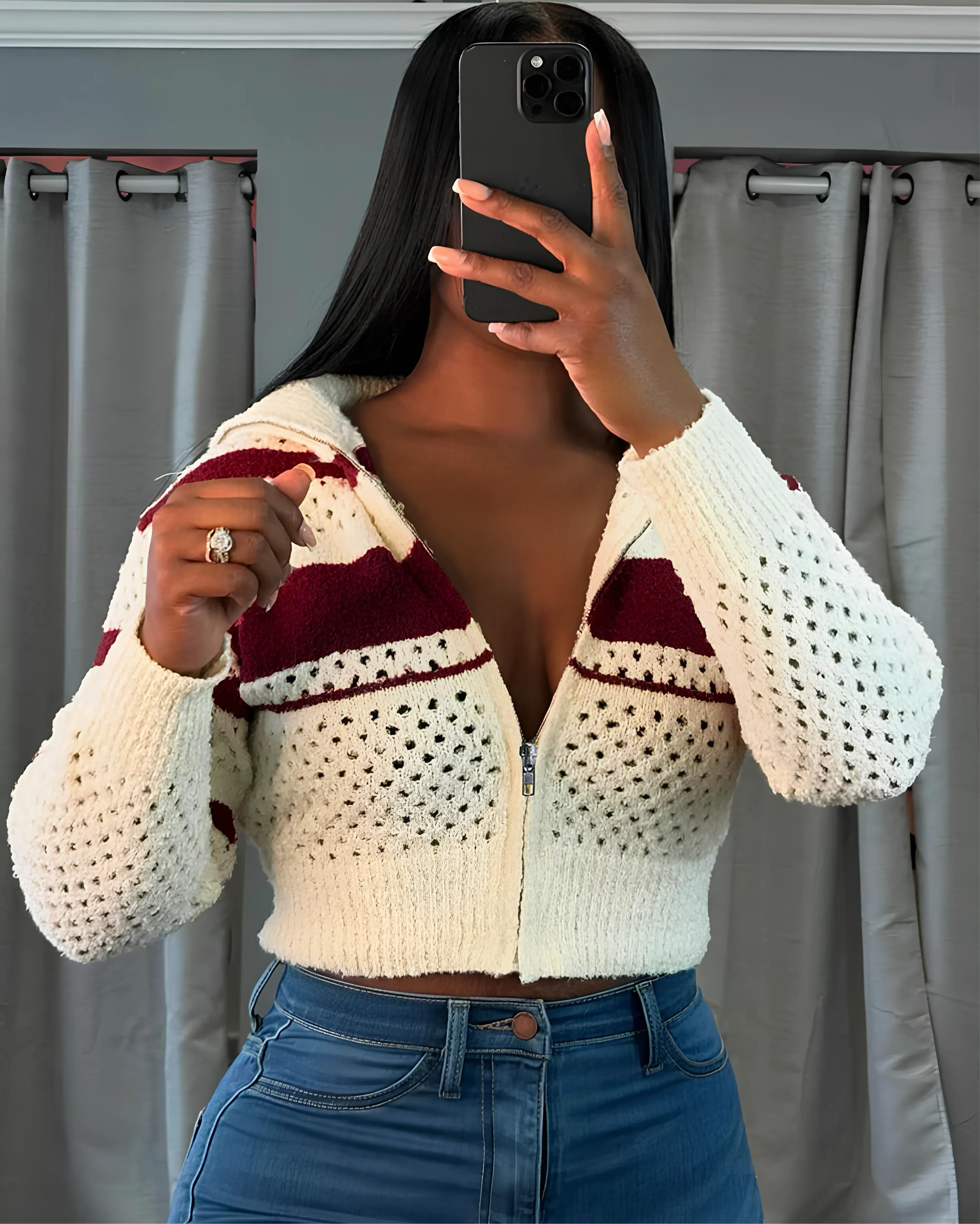 Hollow Stripe Crochet Crop Sweater  Y2K Full Sleeve Zip Knit Jacket