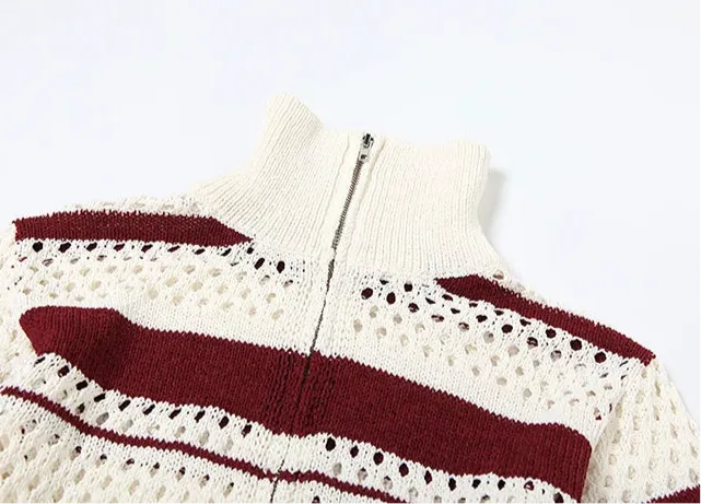 Hollow Stripe Crochet Crop Sweater  Y2K Full Sleeve Zip Knit Jacket